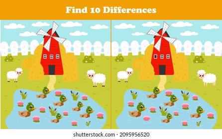 Find ten differences game with farm windmill, sheeps and pond with ducks and water lily, colorful printable riddle for kids in cartoon style for children books