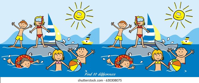 find ten differences, game, kids and water sports, vector illustration