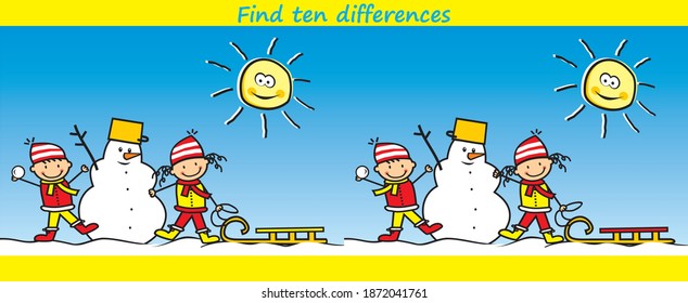 Find ten differences, game, little kids with sledge and snowman, vector illustration