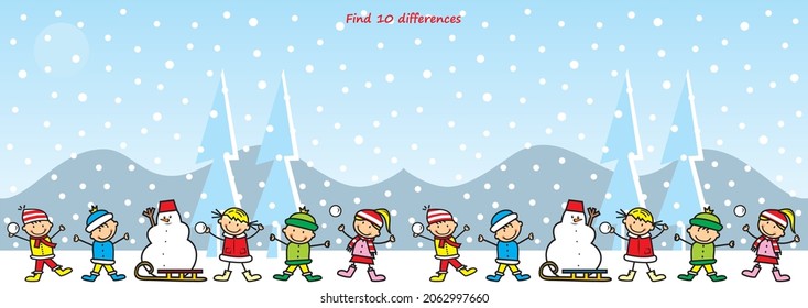 Find ten differences, game, little kids with sledge and snowman on the mountain, vector illustration