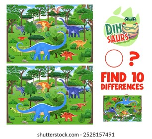 Encuentra diez diferencias juego. Paisaje prehistórico del bosque con dinosaurios de dibujos animados. Hoja de trabajo temática de Vector kids dino. Acertijo educativo de los niños, actividad de ocio, diversión y rompecabezas paleontológico atractivo