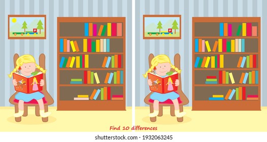 Encuentra diez diferencias, chica en la biblioteca, ilustración vectorial