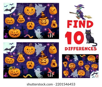 Find ten differences. Halloween pumpkins. Difference search quiz or kids Halloween puzzle vector worksheet with Jack o lanterns faces, scary ghost on cemetery, witch flying on broom and black cat