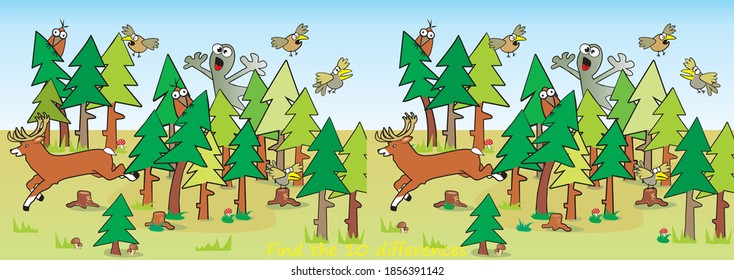 Find ten differences, haunted forest, vector illustration