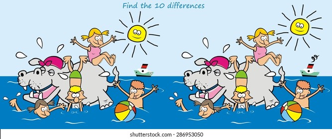 find the ten differences, hippo and kids, vector illustration