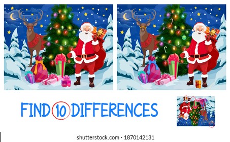 Encuentra diez diferencias de juego de niños con árbol de Navidad, Santa y reno. Santa Claus con saco de regalo, decorado con abeto de guirnaldas y vectores de dibujos animados de regalos. Juego educativo infantil con tarea de correspondencia