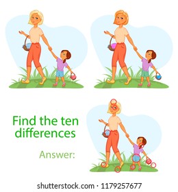 Find ten differences. Mother and daughter, little girl walking with her mom, holding hands and talking, cartoon vector illustration, go to picnic. Childrens game