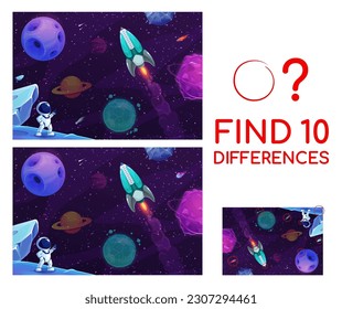 Encontrar diez diferencias en la hoja de cálculo vectorial del juego de coincidencia del paisaje de espacio de galaxias. Concurso de rompecabezas para niños con planetas de fantasía de dibujos animados, astronautas y cohetes, asteroides y cometas sobre fondo de cielo estrellado