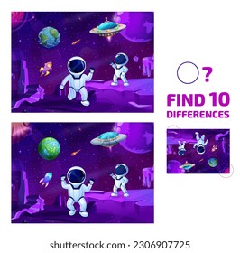 Find ten differences on space landscape with astronauts and galaxy planets. Objects comparing game, difference search vector quiz worksheet with astronauts personages on planet surface, UFO starship