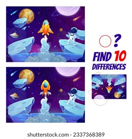 Find ten differences on space landscape with astronauts and galaxy planets. Vector kid board game worksheet with funny cosmonaut and spaceship. Educational puzzle brainteaser for children recreation