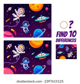 Finden Sie zehn Unterschiede in der Weltraumlandschaft. Astronaut und Alien im Weltraum Kinderspiel Vektorblatt. Matching Puzzle Quiz von Cartoon-Weltraumplaneten, Raketenraumschiff, UFO, Raumfahrer und Sterne