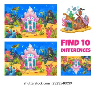 Find ten differences on underwater landscape. Difference search kids riddle, objects comparing child puzzle or quiz vector worksheet with sea shell and sunken ship, fantasy house on sea bottom