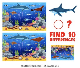 Find ten differences on underwater landscape with sea animals vector cartoon worksheet. Kids game puzzle quiz to find 10 differences of undersea dolphin and shark or tuna fish, funny turtle and walrus