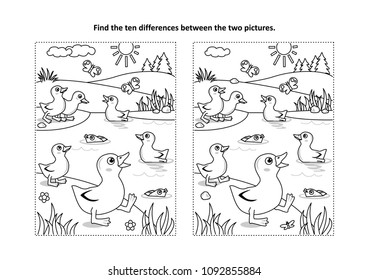 Find the ten differences picture puzzle and coloring page with little playful ducklings on the pond