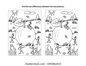 Find the ten differences picture puzzle and coloring page with ripe apple lying on the ground and five busy ants planning what to do with it