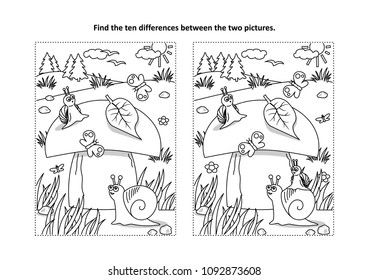 Find The Ten Differences Picture Puzzle And Coloring Page With Big Yummy Mushroom And Mom And Kids Snails