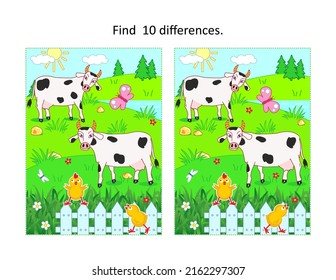 Find ten differences picture puzzle with milk cows grazing on the pasture, fence, playful chicks
