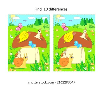 Find Ten Differences Picture Puzzle With Big Yummy Mushroom And Mom And Kids Snails
