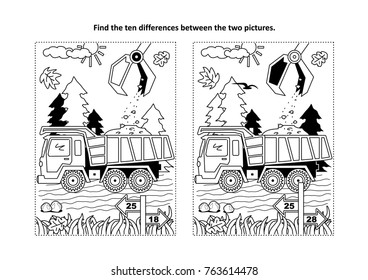 Find the ten differences picture puzzle and coloring page with working tip truck and hopper.