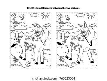 Find the ten differences picture puzzle and coloring page with donkey or burro walking at rural scene.