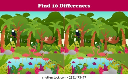 Find ten differences printable worksheet with tropical jungle paradise scene, pond with flamingo and toucan bird, sloth on tree for kids and children books in cartoon style, logical game