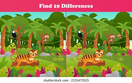 Find ten differences printable worksheet with tropical jungle paradise scene, tiger on tree trunk and toucan bird, monkey for kids and children books in cartoon style, logical game for school students