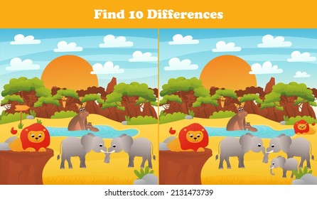 Find ten differences printable worksheet with african safari elephants and hippo, lions and desert landscape for kids and children books in cartoon style, logical game for school students
