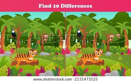 Find ten differences printable worksheet with tropical jungle paradise scene, tiger on tree trunk and toucan bird, monkey for kids and children books in cartoon style, logical game for school students