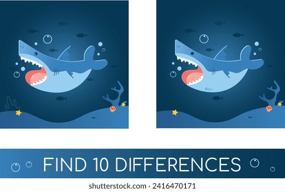 Encontrar diez diferencias en el mar con tiburón y pescado. tiburón de juego de mesa con pescado. Rompecabezas educativo.
