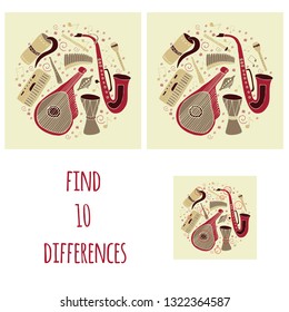 Find ten differences. Set of hand drawn traditional Slavic, Ukrainian musical instruments in circle. Reed pipe, kobza, buhay, sopilka, bandura, pan flute etc. Riddle for children