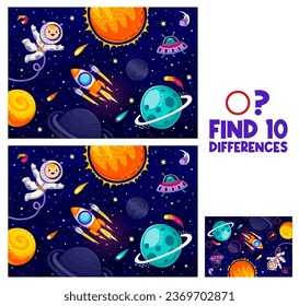 Encuentra diez diferencias en el paisaje del sistema solar con el astronauta de dibujos animados, alienígena y cohete, niños vectores juego de preguntas y respuestas. Planetas del espacio exterior y estrellas de OVNI galaxia en la hoja de cálculo para coincidir y encontrar diferencias