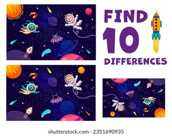 Find ten differences at space galaxy landscape. Astronaut and cartoon alien characters. Difference search riddle or game vector worksheet with boy and alien astronaut, UFO saucer flying in outer space