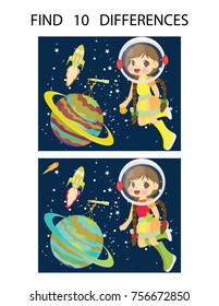 Find ten Differences Space Vector Illustration. Astronaut Printable.