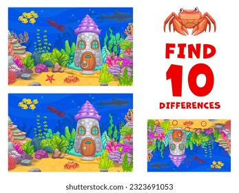Find ten differences in underwater landscape with seaweeds, stone house and sea animals, vector puzzle worksheet. Kids quiz game to find ten differences of fairy seashell dwelling and undersea fishes