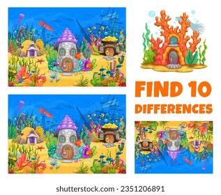 Find ten differences in underwater landscape with houses in shells, vector puzzle worksheet. Ocean home dwellings in sunken boat or treasure pot, kids quiz game to find ten differences in undersea