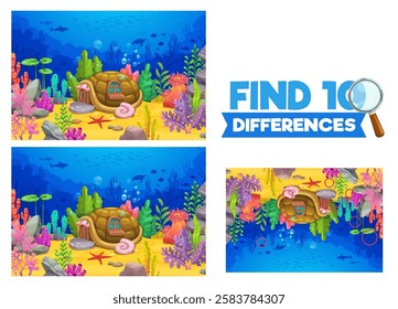 Find ten differences at underwater landscape with turtle house. Difference spotting playing activity, compare quiz, kids riddle vector worksheet with turtle shell dwelling in fantasy underwater world