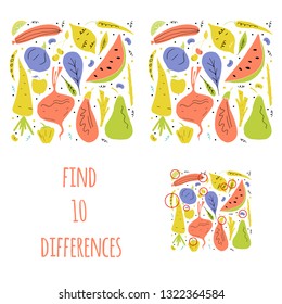 Find ten differences. Vector set of fruit and vegetables in hand drawn cartoon style. Puzzle for children