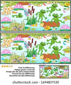 Find the ten differences visual puzzle with playful happy frogs and pond life. Answer included.