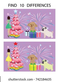 Find Ten Differences Winter Vector Illustration. New Year Preschool Kindergarten Worksheet.