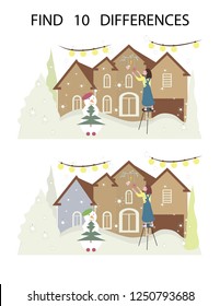 Find ten differences worksheet. Kindergarten activity page. Christmas illustration. 