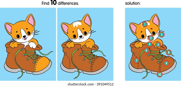 Find  ten differences.Cartoon Vector Illustration. Kitten in a boot