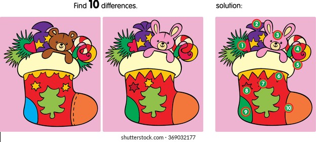 Find ten differences.Cartoon Vector Illustration.Christmas sock. Gift. 