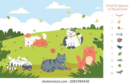 Find Ten Objects With Cats. Developing Pictures. Education, Development Of Mindfulness And Other Abilities In Child. Finding Difference, Concentration Exercises. Cartoon Flat Vector Illustration