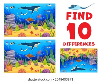 Find tend differences between sea animals. Vector kids game worksheet, educational riddle with cartoon whale, turtle, stingray and octopus, swordfish, jellyfish and starfish characters on seafloor