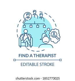 Find therapist concept icon. Search for psychologist idea thin line illustration. Mental and emotional problems treatment. Supports group. Vector isolated outline RGB color drawing. Editable stroke