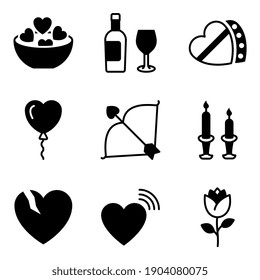 Find this high quality valentines solid icons pack. This icon set includes beautifully created line icons. This set depicts concepts related to love and relationships using heart icons 