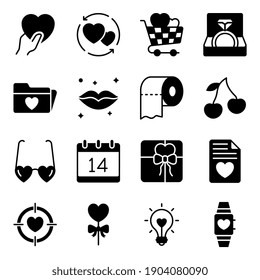 Encuentre este paquete de iconos sólidos de San Valentín de alta calidad. Este conjunto de iconos incluye iconos de línea bien creados. Este conjunto representa conceptos relacionados con el amor y las relaciones usando iconos de corazón 