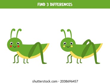 Find three differences between two pictures of cute grasshopper.