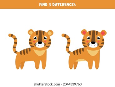 Find three differences between two pictures of cute tiger.