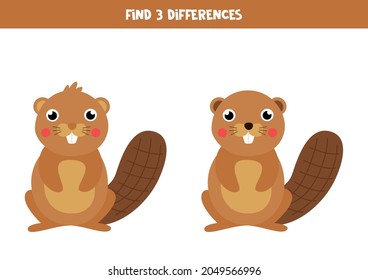 Find three differences between two pictures of cute beavers.